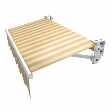 Yellow striped retractable awning with white frame.