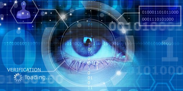 Digital eye scan for biometric verification in a futuristic interface.