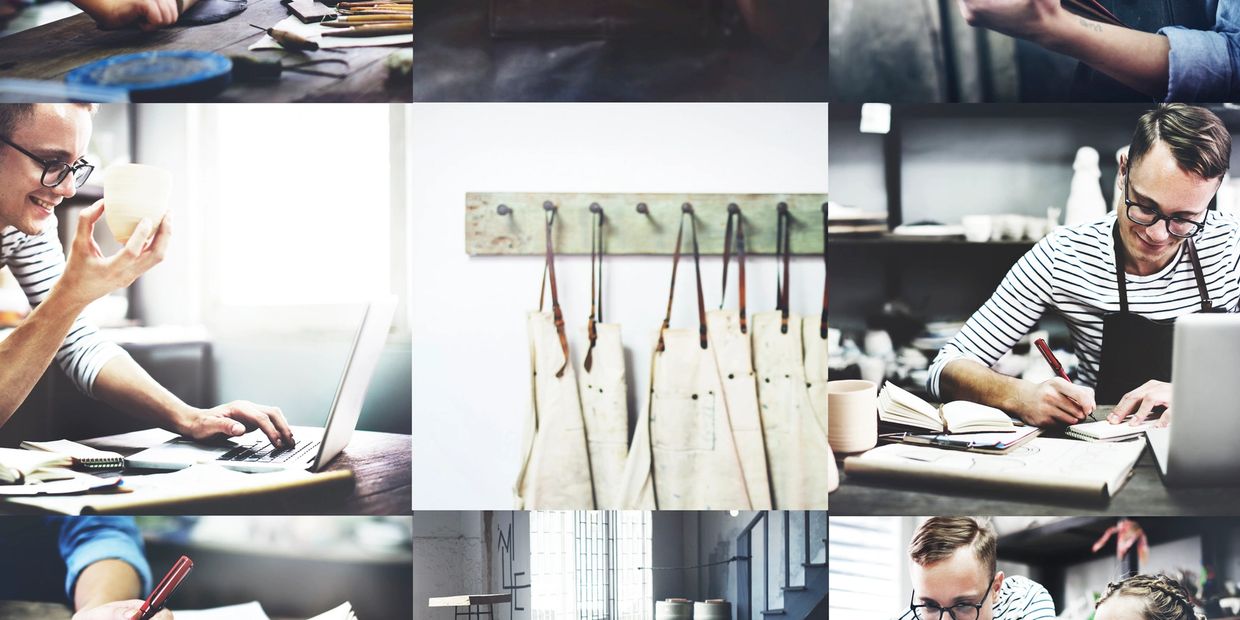 Pottery workshop with artists shaping clay, designing, and collaborating.