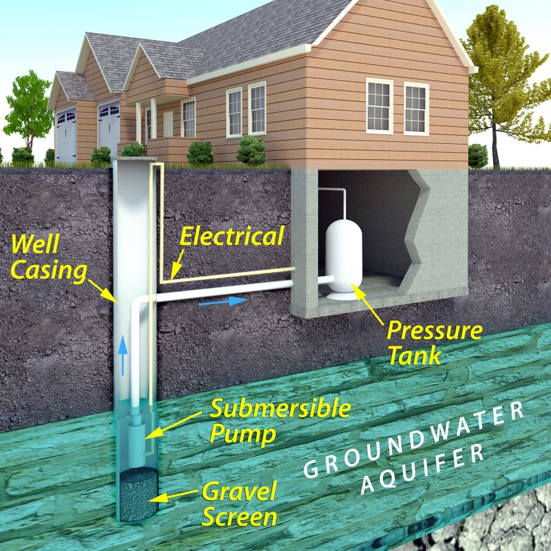 A minimal text infographic of a contemporary potable water well system. The image depicts an underground aquifer from which the electric pump draws water from the well to the house.