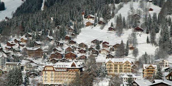 Snow-covered village nestled in a mountainous forest.