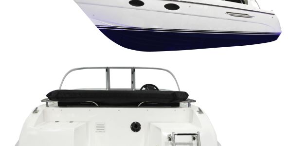 White motorboat with black cover and stainless steel rails.