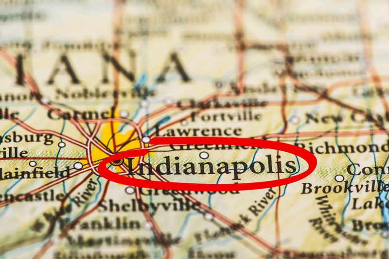 Indianapolis circled with red marker on map. Close up shot.