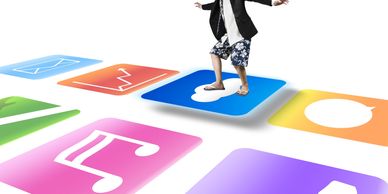 Man in business attire and shorts surfing on app icons.