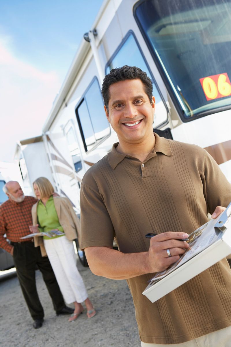 Salesperson with Clipboard and Customers in Background