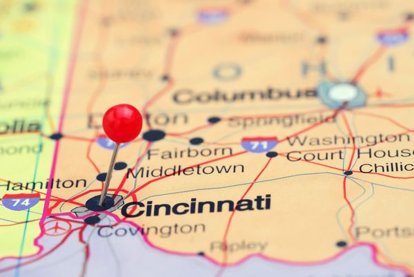 Map of Ohio, Kentucky, and Indiana with a pin on Cincinnati.