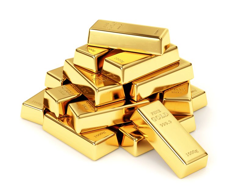 Gold bars pile isolated on white background. Financial success, business investment and wealth concept. 3D illustration