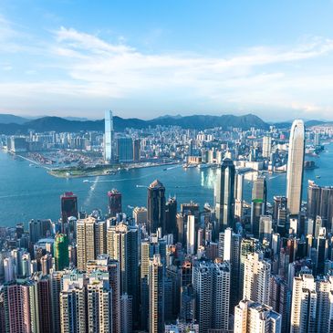 A panoramic view of a modern city skyline with a large harbor and mountainous background.