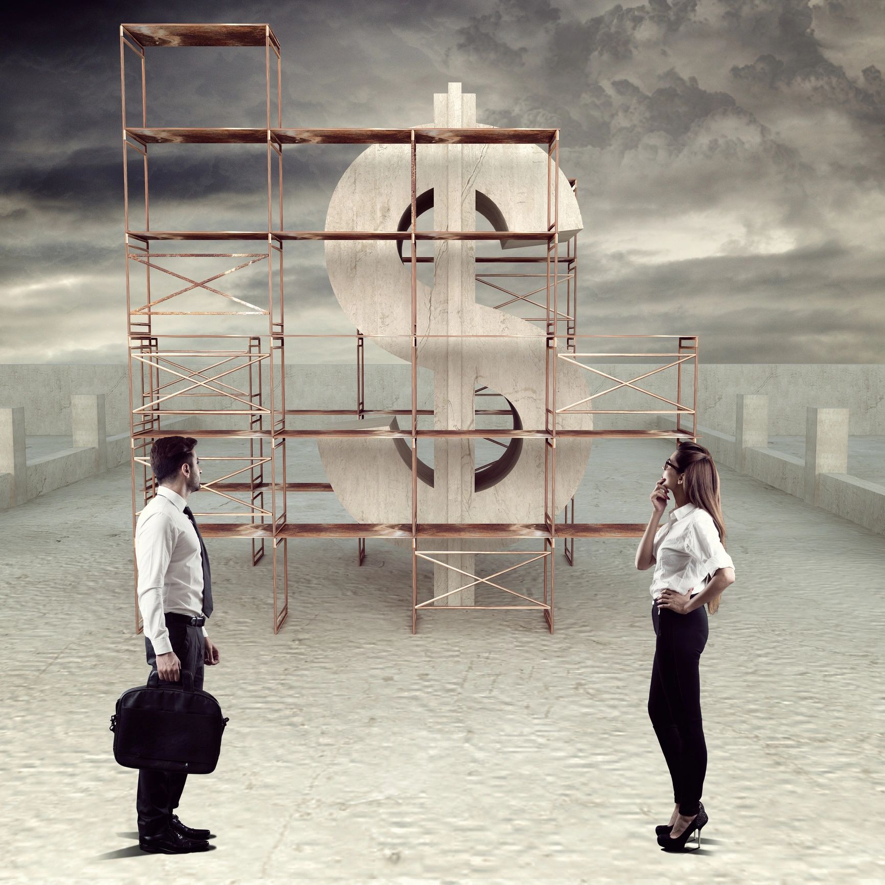Two professionals contemplating a large dollar symbol encased in scaffolding under a stormy sky.