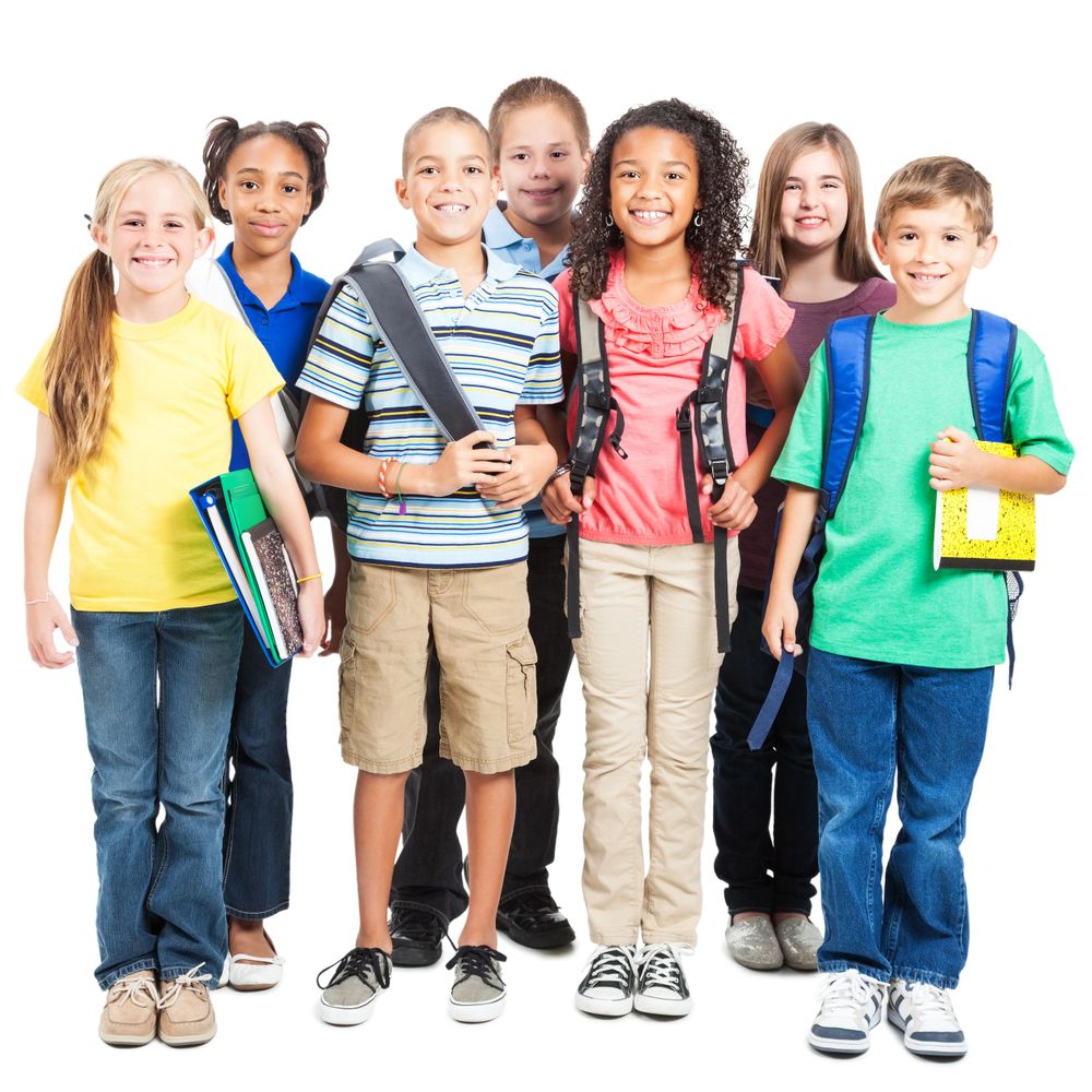 Group of diverse smiling schoolchildren with backpacks and books.