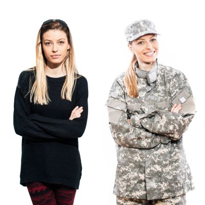 Two women standing side by side, one in casual clothes and the other in military uniform.