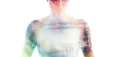 Abstract humanoid figure with cosmic and circuit patterns.