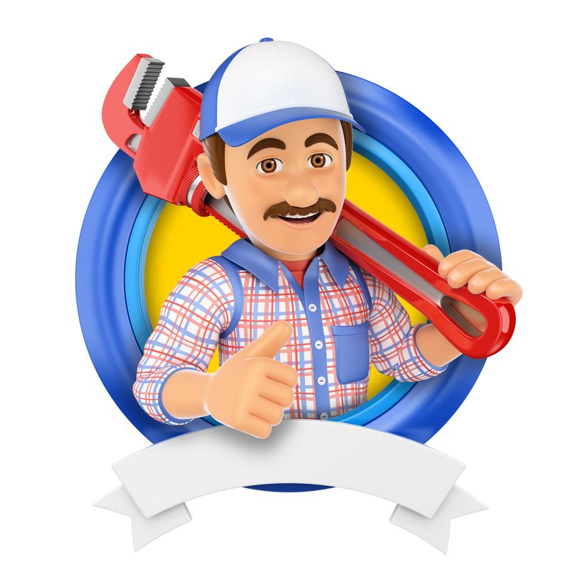 3d logo illustration. Plumber with pipe wrench. Isolated white background.