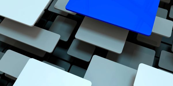 Abstract 3D illustration of floating squares in blue and gray tones.