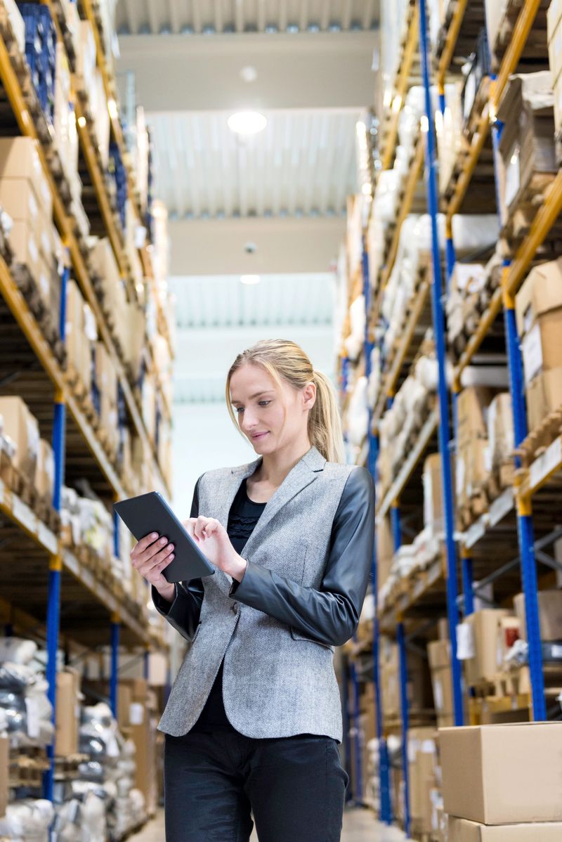Vertical color image of confident young woman supervisor holding and touching digital tablet in warehouse. Young blond woman standing at distribution warehouse and wearing elegant suit. Industrial boss sincerely smiling and looking at camera. Logistic worker working in a large distribution warehouse. Large distribution storage in background with racks and shelfs full of packages, boxes, pallets and crates ready to be delivered. Logistics, freight, shipping, receiving.