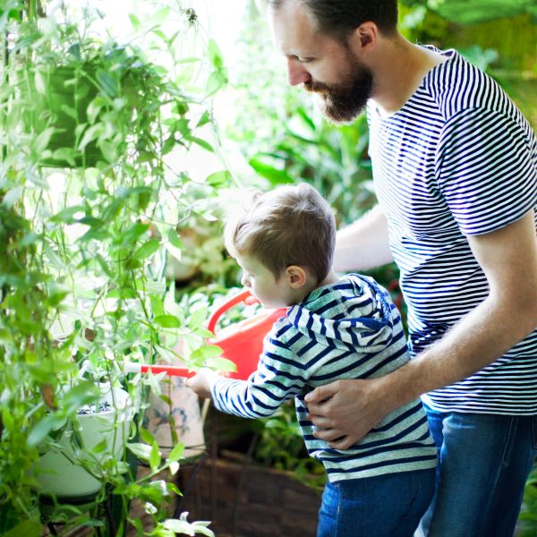 Father and son watering plants together indoors.