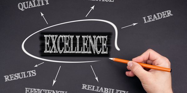 Hand circling the word 'Excellence' with related qualities around it on a blackboard.