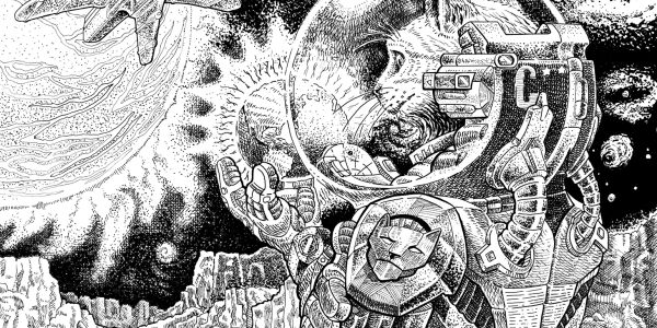 Cat astronaut in detailed space suit in cosmic scene.