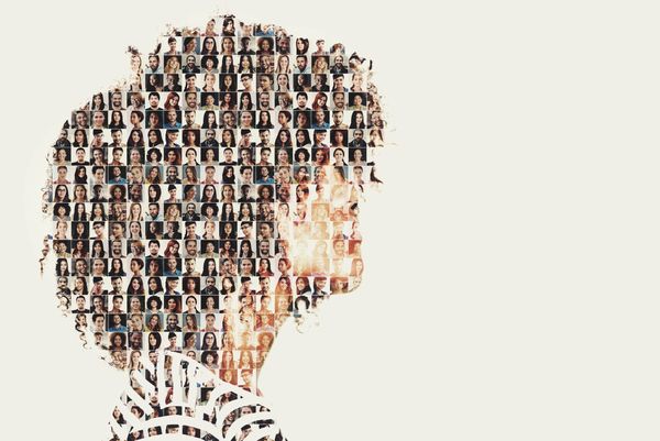 Collage of individual people making up the face of a person