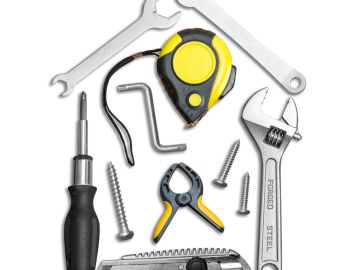 A collection of various hand tools including wrenches, screwdriver, tape measure, screws, and a utility knife.