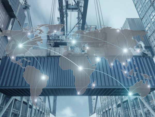 Global shipping network connecting continents through container transport.