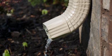 Water flows from a white downspout onto the ground.