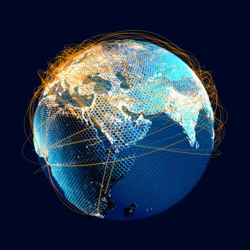 Digital globe with network connections and hexagonal grid pattern.