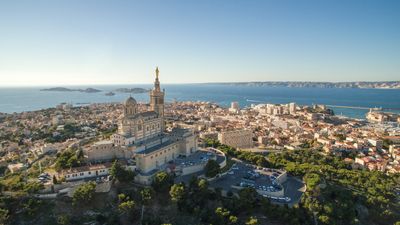 View of Marseille from above and the Mediterranean Sea. 