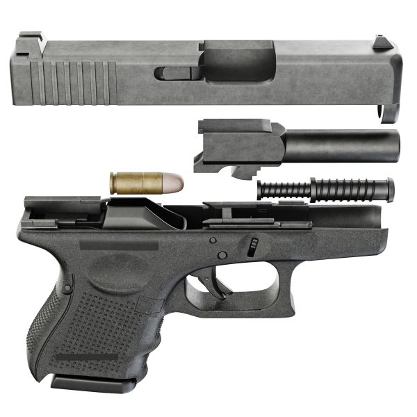 Disassembled handgun with bullet, barrel, and recoil spring.