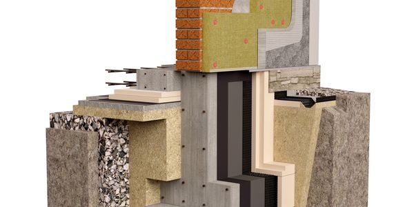 Detailed 3D rendering of layered building foundation and wall construction.