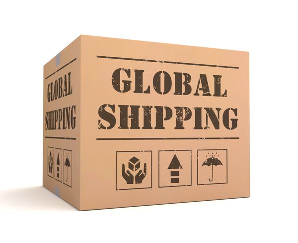 Cardboard box labeled Global Shipping with handling icons.