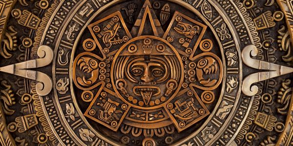 Detailed ancient Aztec calendar stone.