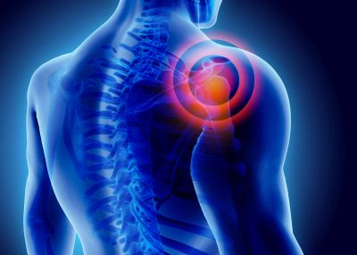 X-ray style image highlighting shoulder pain.
