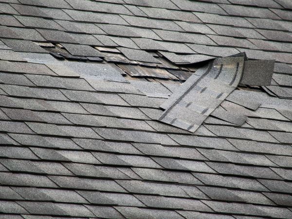 Dark roof shngled damaged by a windstorm. Partially removed and ripped.