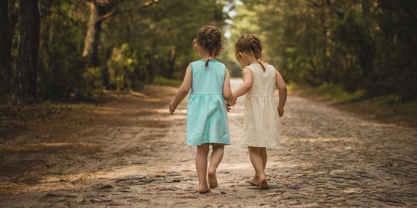 Adorable twin siblings playing among tall trees and fallen leaves, embracing nature. 