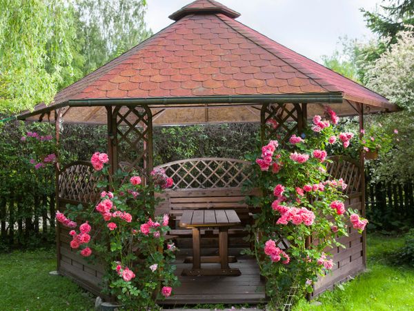Wooden gazebo adorned with pink roses in a lush garden.
