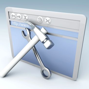 3D illustration of a web browser with a hammer and wrench symbolizing web maintenance.