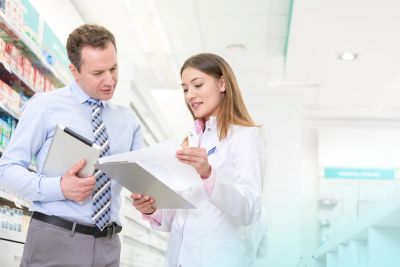 Pharmacist consulting customer with prescription.