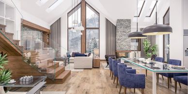 Modern open living and dining area with wooden accents and large windows.