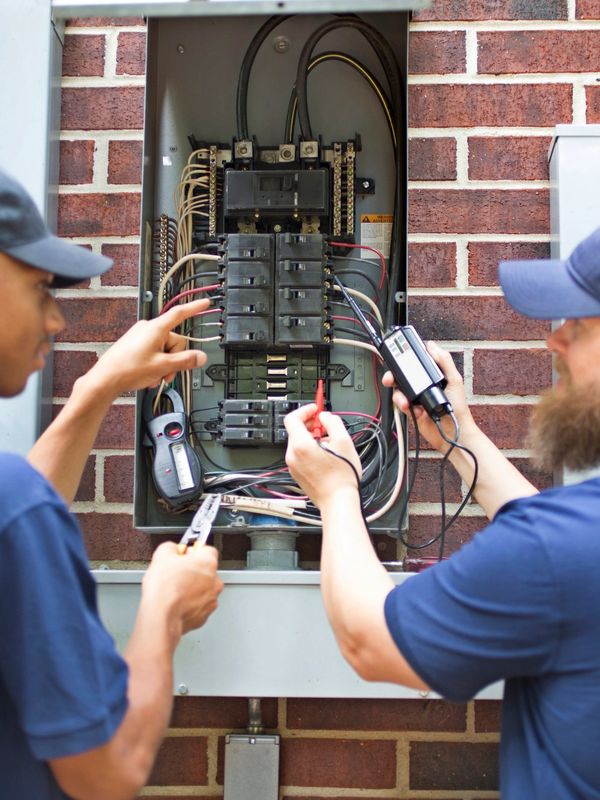 Two electricians in navy blue uniforms working on an electrical panel outdoors.