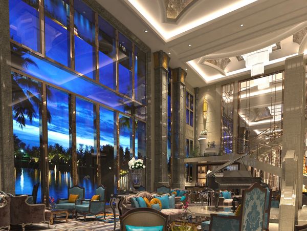 Elegant dining area with blue-themed decor and grand piano under high ceilings.