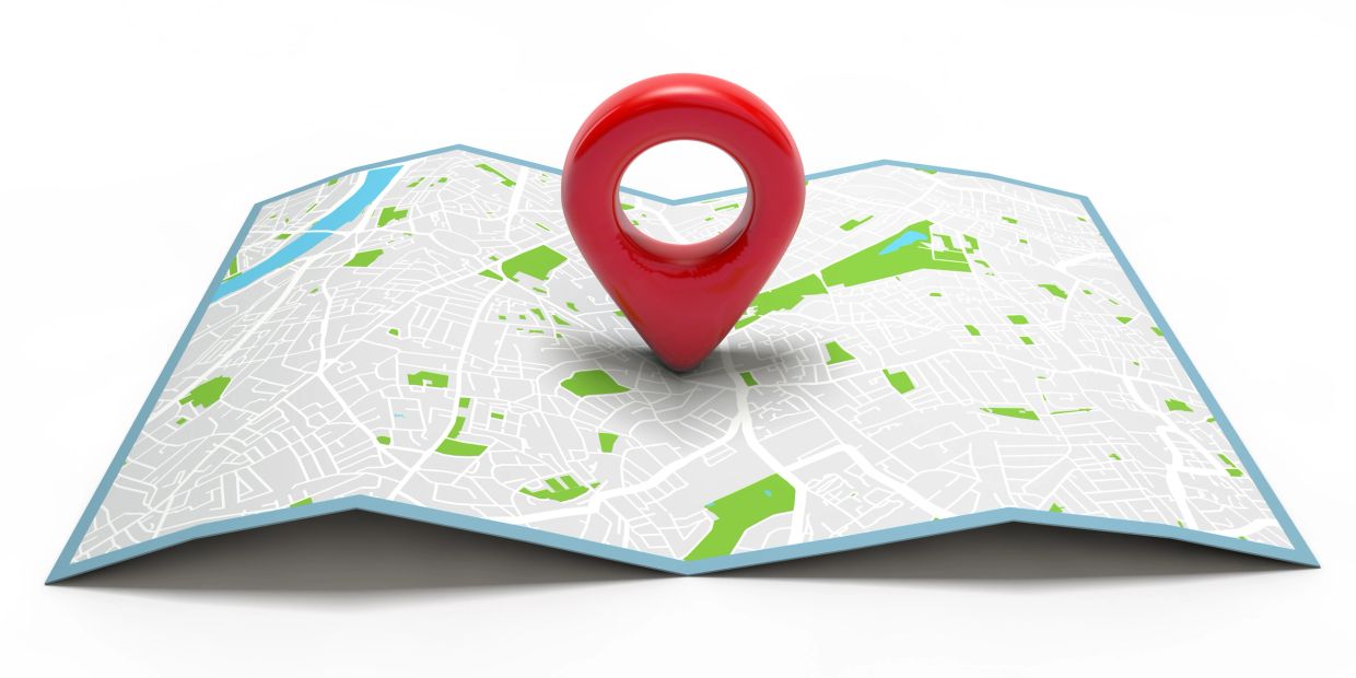 3D map with a red location pin marking a spot.