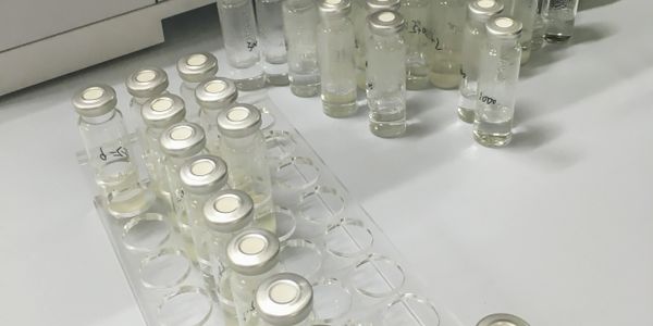 Clear glass vials with liquid in a lab setting, organized in a transparent rack.