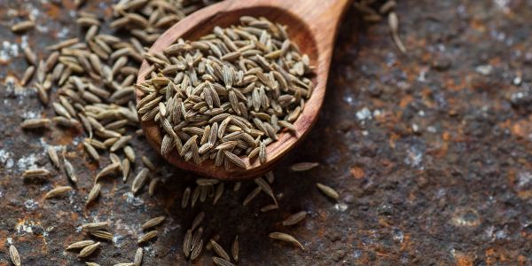 Wooden spoon with cumin seeds on a rustic surface.