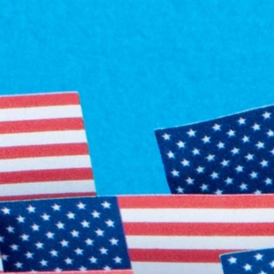 Colorful paper figures lined up with American flags in the background.