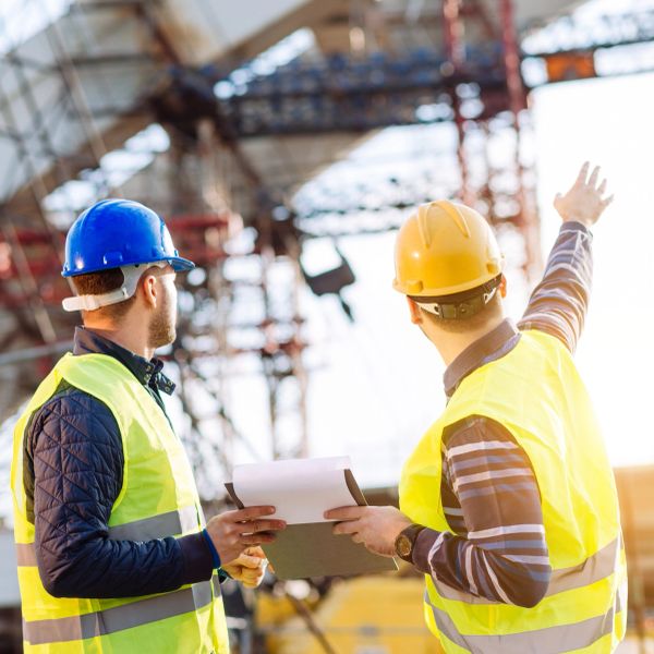 Two construction workers discussing at a site.