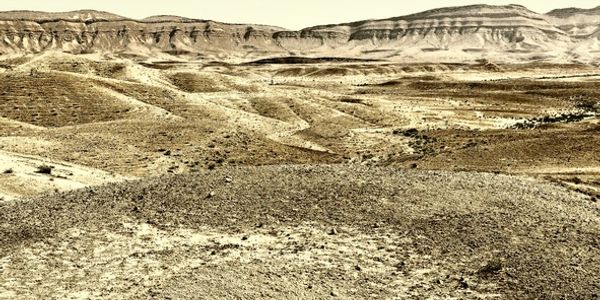 Expansive desert landscape with rugged hills and sparse vegetation.