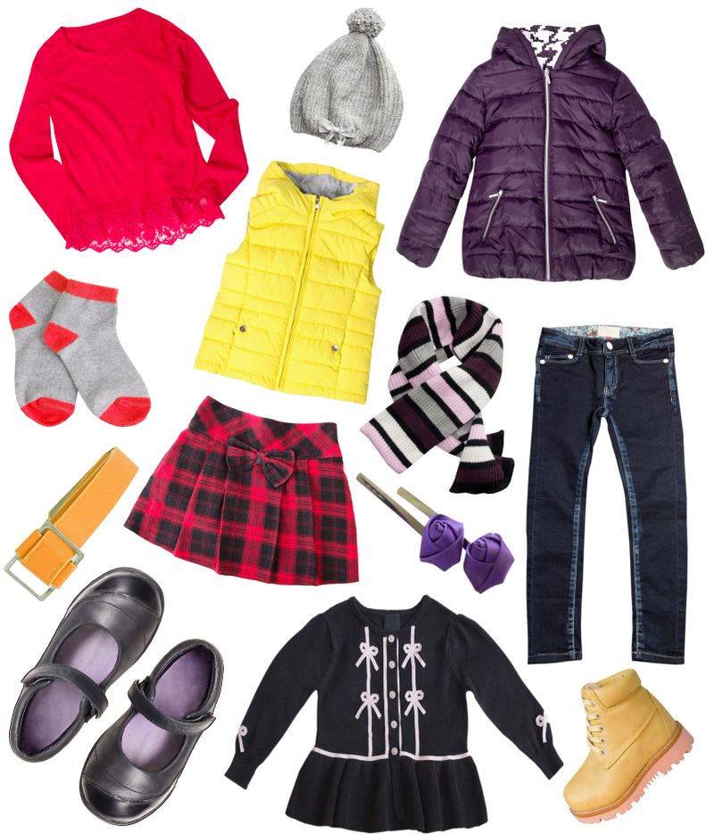 Child's long sleeve autumn spring season clothes collection.Kid's fashion wear isolated on white collage set.Bright girl's clothing.