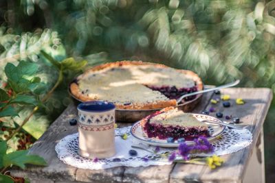 Rustic blueberry pie with a slice served on a plate outdoors.