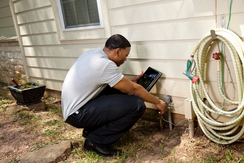 African descent building inspector, exterminator, architect, building contractor, engineer, or insurance adjuster examines a building/home's exterior siding wall and foundation.  He holds a digital tablet.